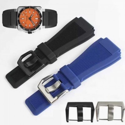 Durable 24mm Black Rubber Watch Band with Blue Buckle for Belros BR01 BR03