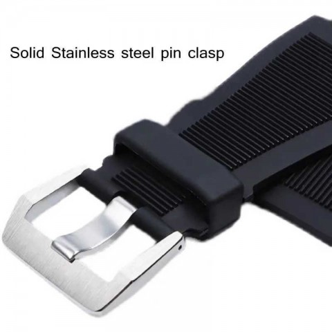 Durable 24mm Black Rubber Watch Band with Blue Buckle for Belros BR01 BR03