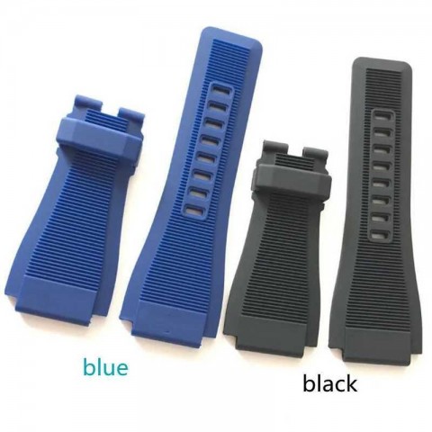 Durable 24mm Black Rubber Watch Band with Blue Buckle for Belros BR01 BR03