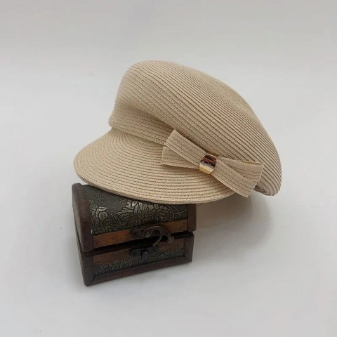Chic 202403-2509165 Beret for Women, Natural Fiber, Summer Fashion Hat with Side Bowknot