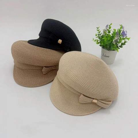 Chic 202403-2509165 Beret for Women, Natural Fiber, Summer Fashion Hat with Side Bowknot