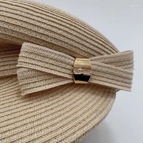 Chic 202403-2509165 Beret for Women, Natural Fiber, Summer Fashion Hat with Side Bowknot