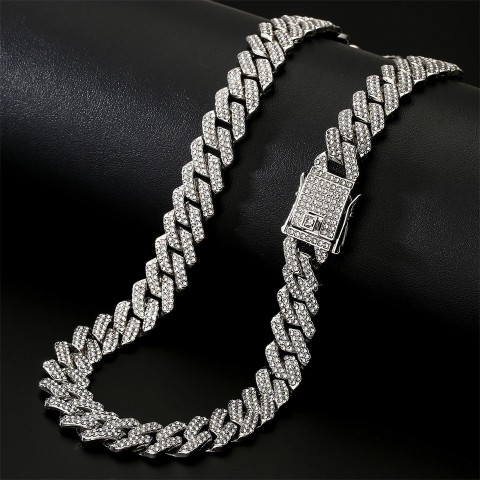 ZAKOL Fashion Iced Out Bling Chain Necklace for Unisex, 13mm Width, Stainless Steel