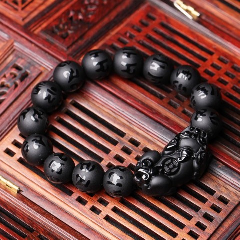 Natural Black Obsidian Brave Troops PiXiu Charm Bracelet for Men and Women