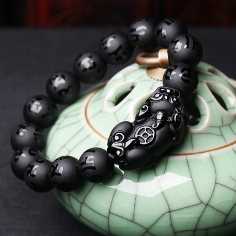 Natural Black Obsidian Brave Troops PiXiu Charm Bracelet for Men and Women