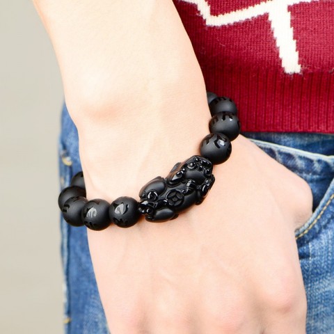 Natural Black Obsidian Brave Troops PiXiu Charm Bracelet for Men and Women