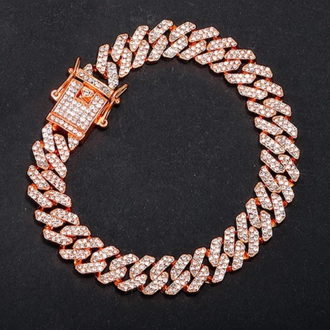Hip Hop Gold Rhinestone Bling Butterfly Cuban Chain Bracelet for Men and Women