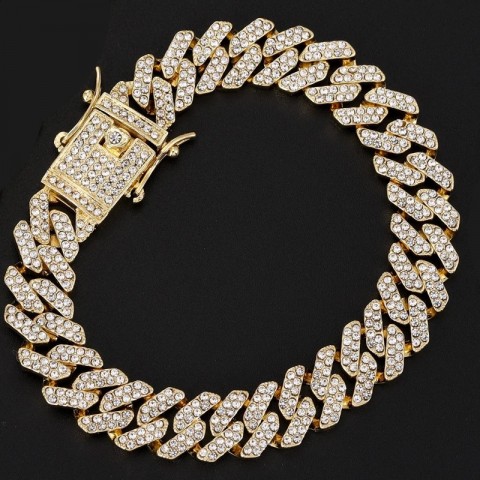 Hip Hop Gold Rhinestone Bling Butterfly Cuban Chain Bracelet for Men and Women
