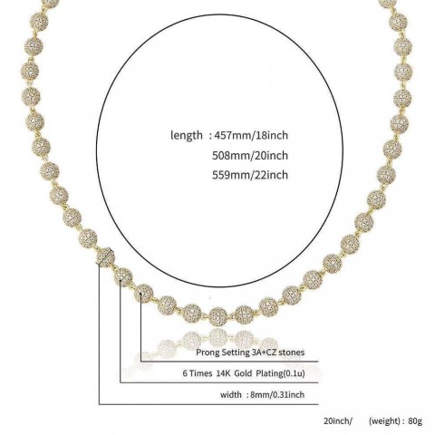 DHCollections Adjustable 14K Gold Plated Iced Out Ball Necklace for Unisex Fashion