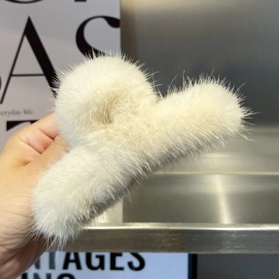 Shark Claw Real Mink Fur Plush Headwear for Girls - 14CM White Clip