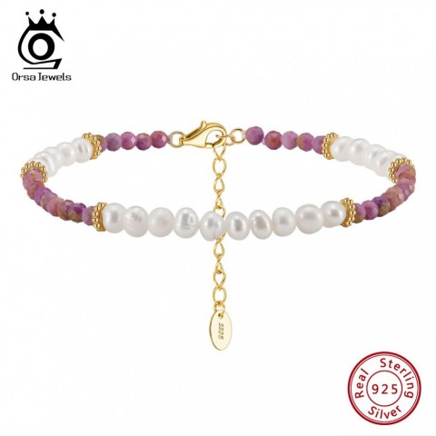 ORSA JEWELS Women's Elegant 14K Gold & 925 Sterling Silver Bracelet with Purple Mica and Natural Pearl