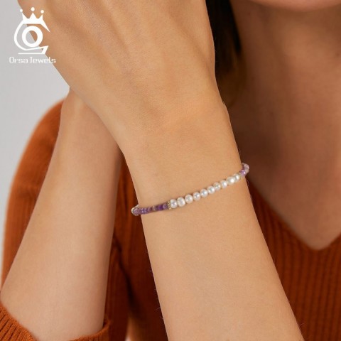 ORSA JEWELS Women's Elegant 14K Gold & 925 Sterling Silver Bracelet with Purple Mica and Natural Pearl