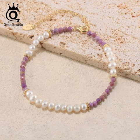 ORSA JEWELS Women's Elegant 14K Gold & 925 Sterling Silver Bracelet with Purple Mica and Natural Pearl