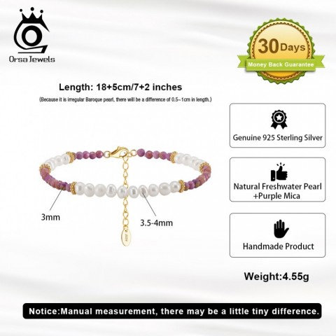 ORSA JEWELS Women's Elegant 14K Gold & 925 Sterling Silver Bracelet with Purple Mica and Natural Pearl