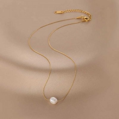 Stainless Steel Charm Necklace for Women with Natural Pearl Pendant