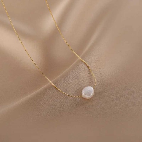 Stainless Steel Charm Necklace for Women with Natural Pearl Pendant