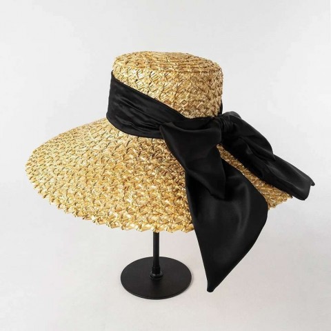 Spring Summer Women's Wide Brim Straw Hat with Hand-Woven Petals and Large Bow