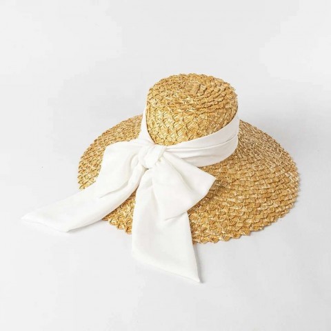 Spring Summer Women's Wide Brim Straw Hat with Hand-Woven Petals and Large Bow