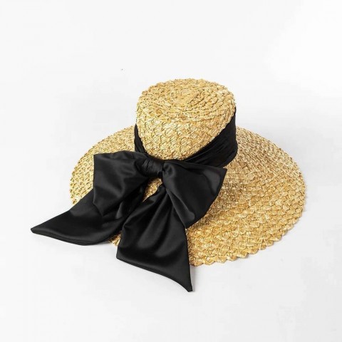 Spring Summer Women's Wide Brim Straw Hat with Hand-Woven Petals and Large Bow