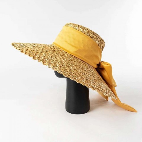 Spring Summer Women's Wide Brim Straw Hat with Hand-Woven Petals and Large Bow