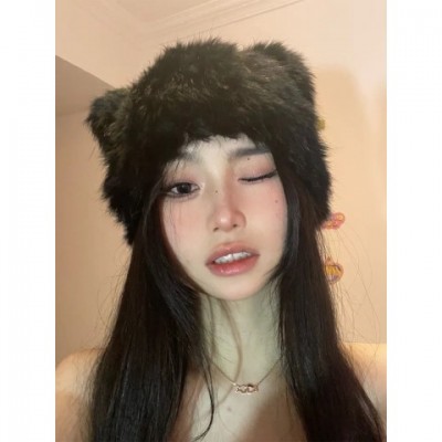 Plush Black Bear Ears Skull Cap - Unisex Warm Fur Beanie 231007