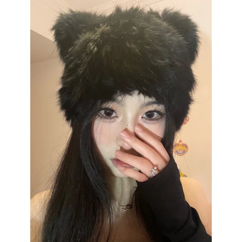 Plush Black Bear Ears Skull Cap - Unisex Warm Fur Beanie 231007
