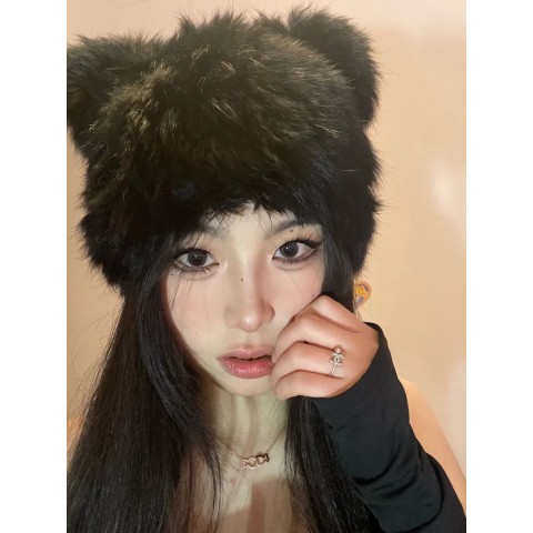 Plush Black Bear Ears Skull Cap - Unisex Warm Fur Beanie 231007