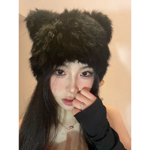 Plush Black Bear Ears Skull Cap - Unisex Warm Fur Beanie 231007