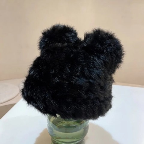Plush Black Bear Ears Skull Cap - Unisex Warm Fur Beanie 231007