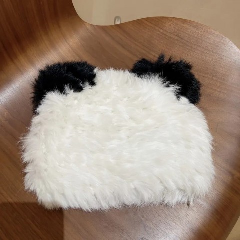 Plush Black Bear Ears Skull Cap - Unisex Warm Fur Beanie 231007