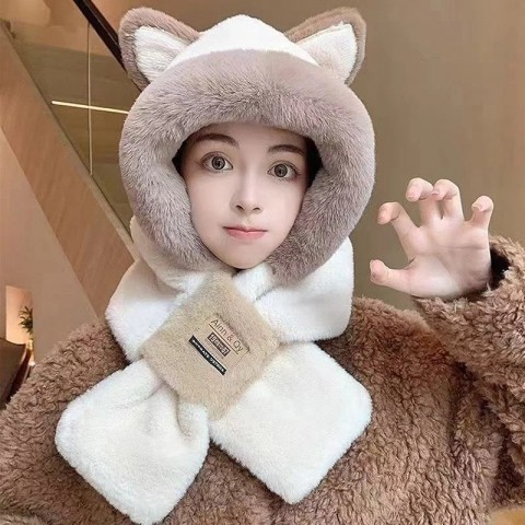 Warm Plush Women's Anti-Freezing Winter Beanie with Integrated Cap Scarf