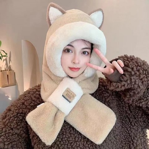 Warm Plush Women's Anti-Freezing Winter Beanie with Integrated Cap Scarf