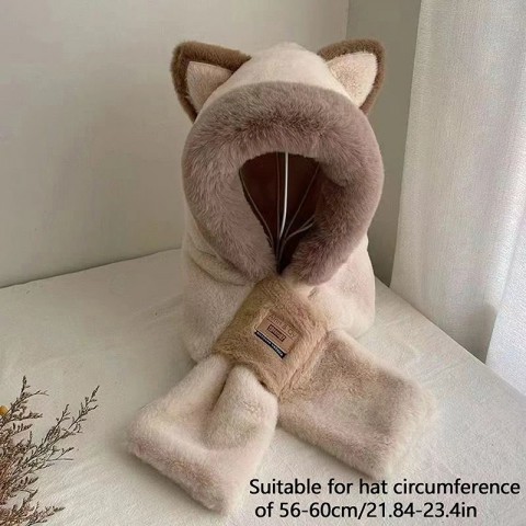 Warm Plush Women's Anti-Freezing Winter Beanie with Integrated Cap Scarf