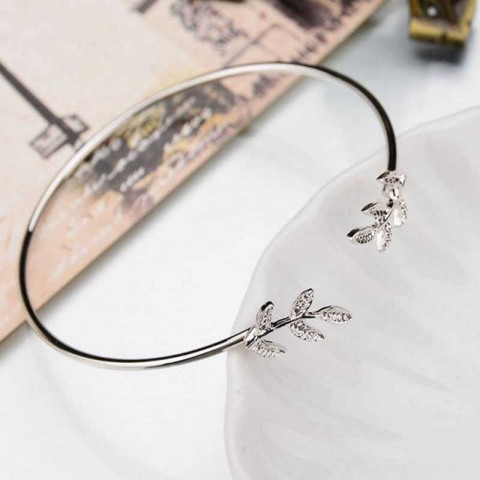 Silver Feather Bangles for Women with Leaf Charm