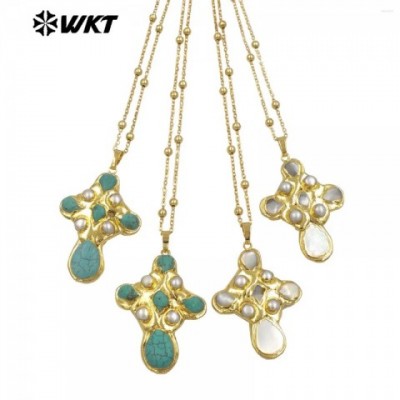 WT-JN297 Women's Special Design Turquoise & Freshwater Pearl Pendant Necklace in 18k Gold Plating