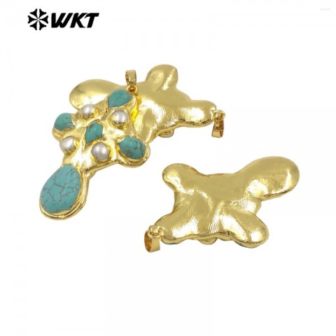 WT-JN297 Women's Special Design Turquoise & Freshwater Pearl Pendant Necklace in 18k Gold Plating