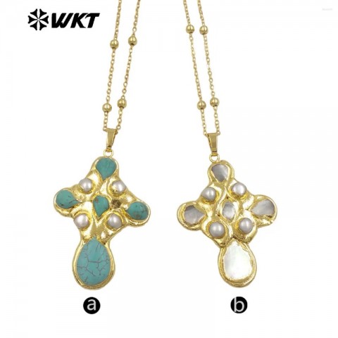 WT-JN297 Women's Special Design Turquoise & Freshwater Pearl Pendant Necklace in 18k Gold Plating