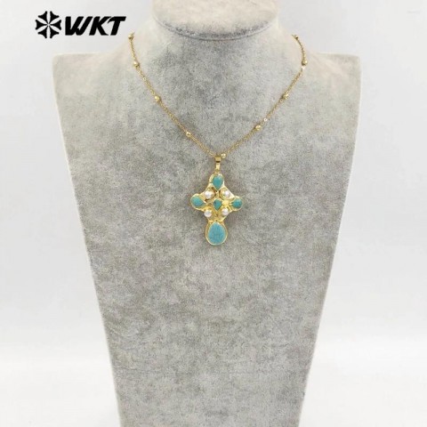 WT-JN297 Women's Special Design Turquoise & Freshwater Pearl Pendant Necklace in 18k Gold Plating