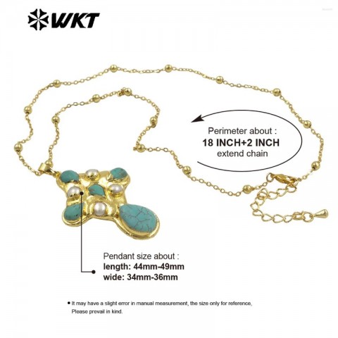 WT-JN297 Women's Special Design Turquoise & Freshwater Pearl Pendant Necklace in 18k Gold Plating