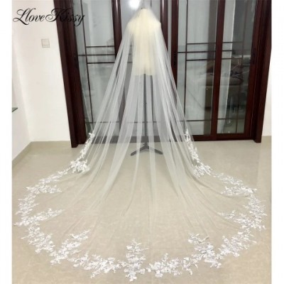 Elegant White Cathedral Bridal Veil with Lace Edges and Floral Decals