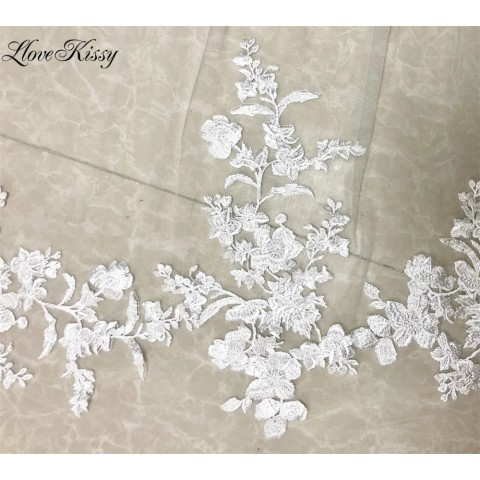 Elegant White Cathedral Bridal Veil with Lace Edges and Floral Decals