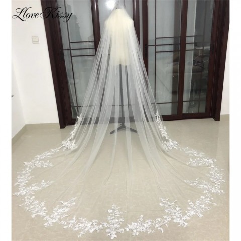 Elegant White Cathedral Bridal Veil with Lace Edges and Floral Decals