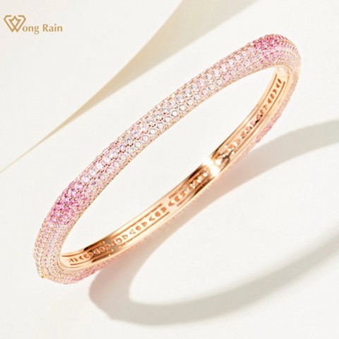 Wong Rain Exquisite 18K Gold Plated Sterling Silver Sapphire Bangle Bracelet for Women