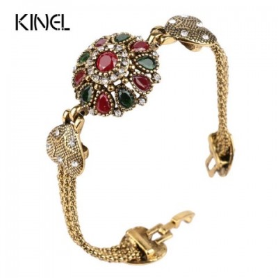 Kinel Women's Retro Gold Beaded Bohemian Bracelet - Red Resin and Alloy