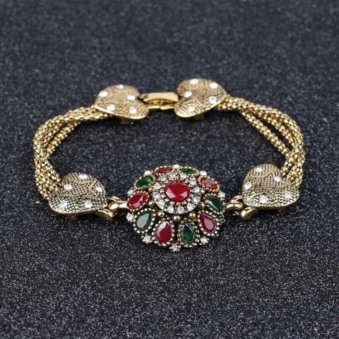 Kinel Women's Retro Gold Beaded Bohemian Bracelet - Red Resin and Alloy