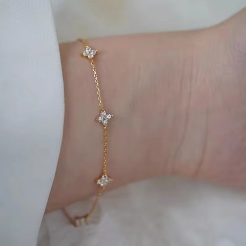 Dainty Four Leaf Clover Charm Bracelet in 14K Gold Plated for Women