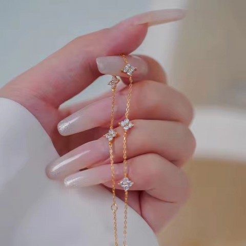 Dainty Four Leaf Clover Charm Bracelet in 14K Gold Plated for Women