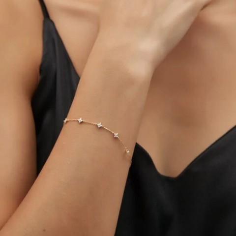 Dainty Four Leaf Clover Charm Bracelet in 14K Gold Plated for Women