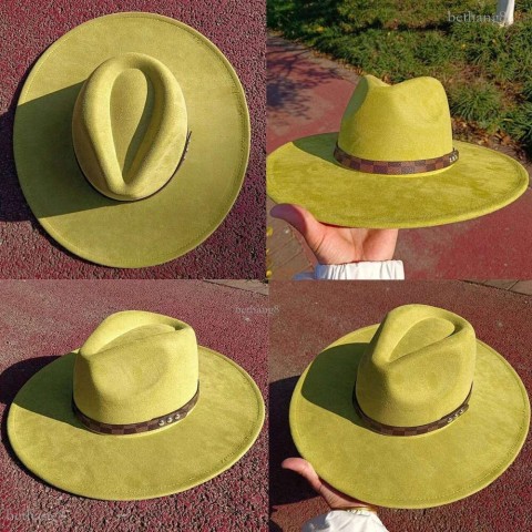 Avocado Green Suede Fedora with Large Brim for Men and Women