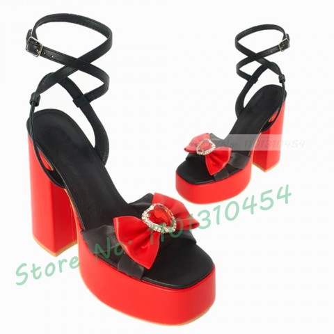Heart Crystal Bow Platform Sandals for Women